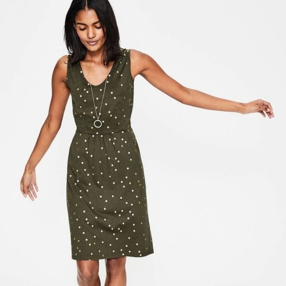 Boden Melinda jersey dress gold polka dot print size 6 casual preppy chic